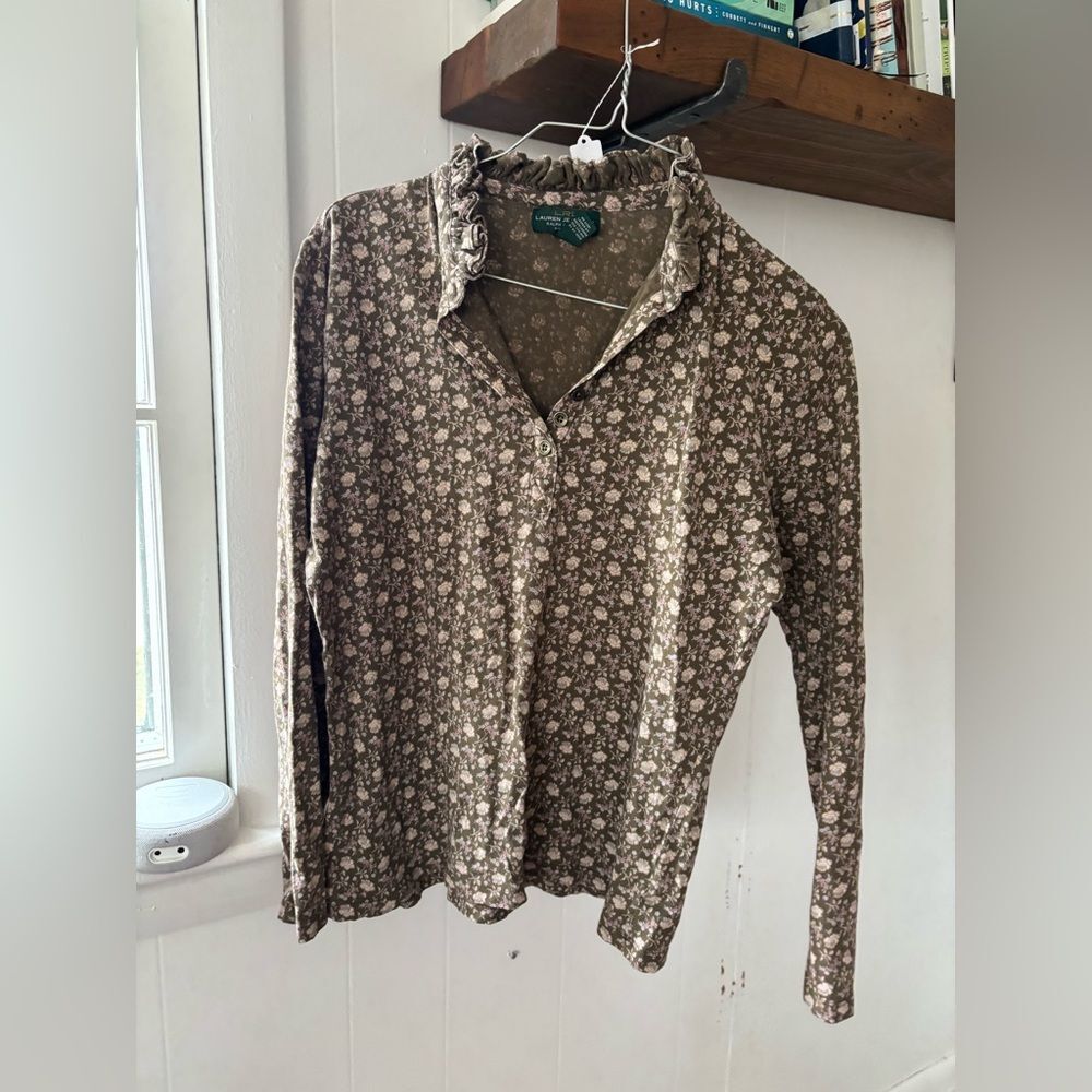 Lauren Ralph Lauren brown Floral Long-Sleeve Ruffle Collar Henley granola Top